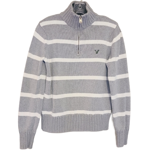 American Eagle | Women's Gray Striped Quarter Zip-Up Sweater (Size Medium) - Picture 1 of 13